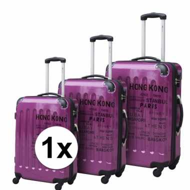 Vakantie paarse reiskoffer met tekst 69 cm